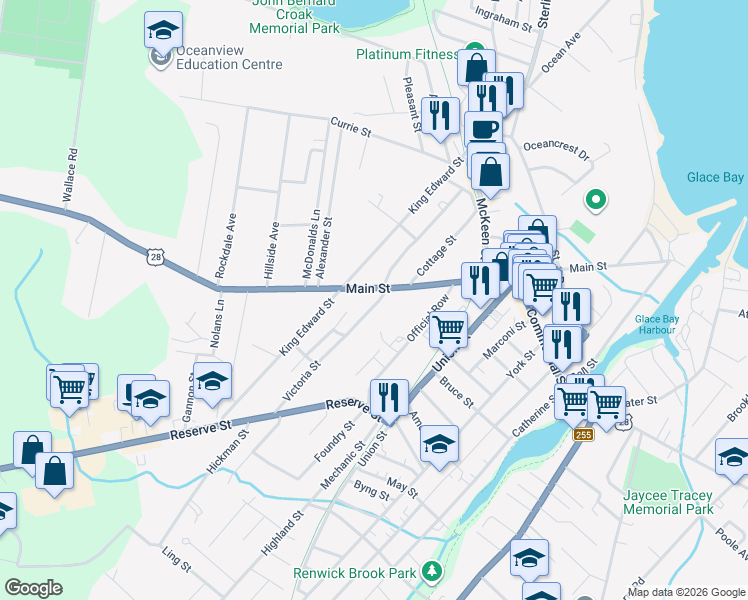 map of restaurants, bars, coffee shops, grocery stores, and more near 110 Victoria Street in Glace Bay