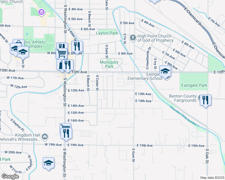 map of restaurants, bars, coffee shops, grocery stores, and more near 1300 South Date Place in Kennewick
