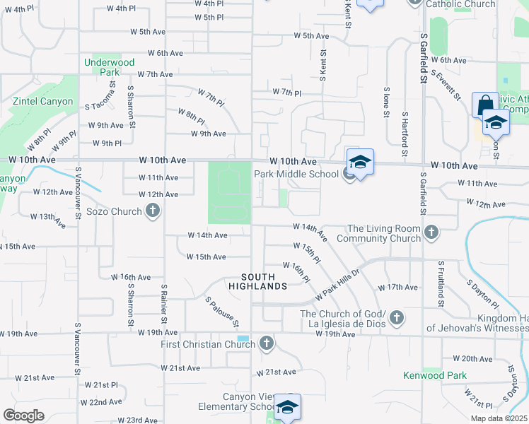 map of restaurants, bars, coffee shops, grocery stores, and more near 1208 South Olympia Place in Kennewick