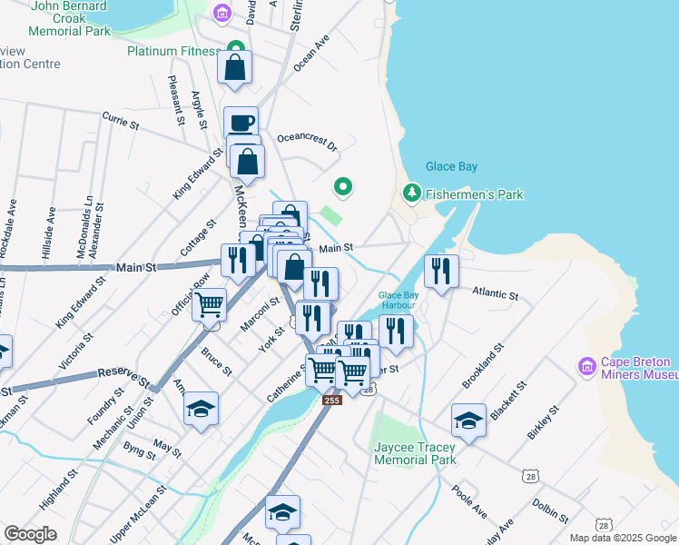 map of restaurants, bars, coffee shops, grocery stores, and more near 8 Mary Street in Glace Bay