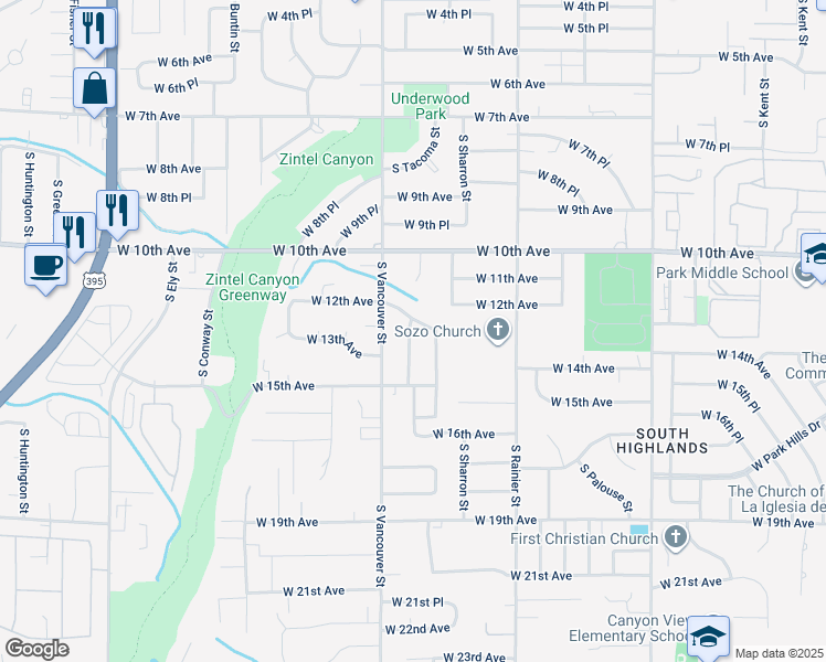 map of restaurants, bars, coffee shops, grocery stores, and more near 1301 South Underwood Street in Kennewick