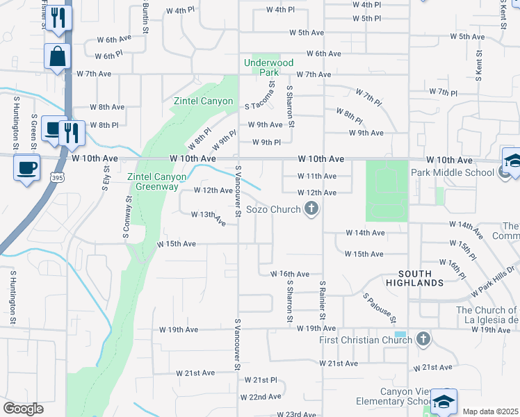 map of restaurants, bars, coffee shops, grocery stores, and more near 1958 West 12th Avenue in Kennewick