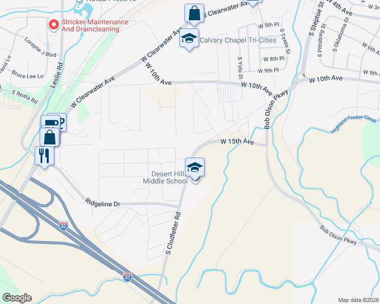 map of restaurants, bars, coffee shops, grocery stores, and more near 1494-1998 S Clodfelter Rd in Kennewick