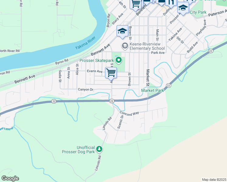 map of restaurants, bars, coffee shops, grocery stores, and more near 1101-1199 South Kinney Way in Prosser