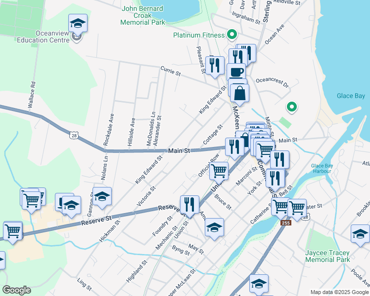 map of restaurants, bars, coffee shops, grocery stores, and more near 718 Main Street in Glace Bay