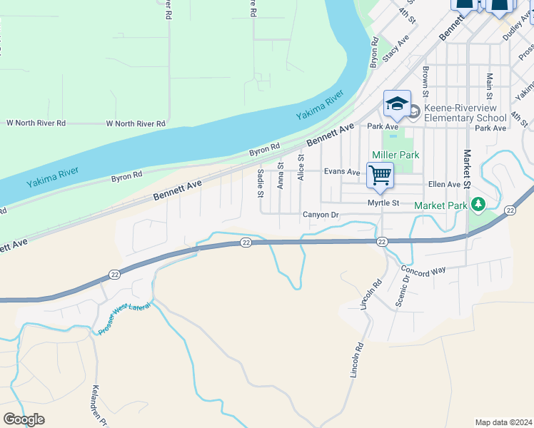 map of restaurants, bars, coffee shops, grocery stores, and more near 211 Canyon Drive in Prosser
