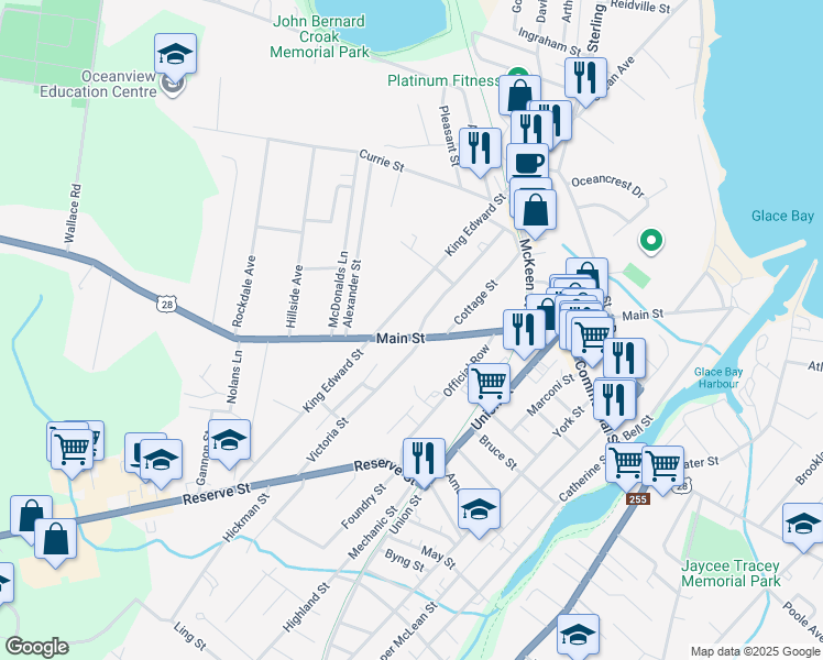 map of restaurants, bars, coffee shops, grocery stores, and more near 718 Main Street in Glace Bay