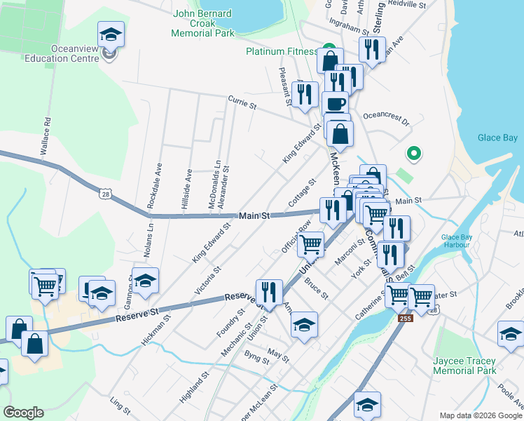 map of restaurants, bars, coffee shops, grocery stores, and more near 718 Main Street in Glace Bay