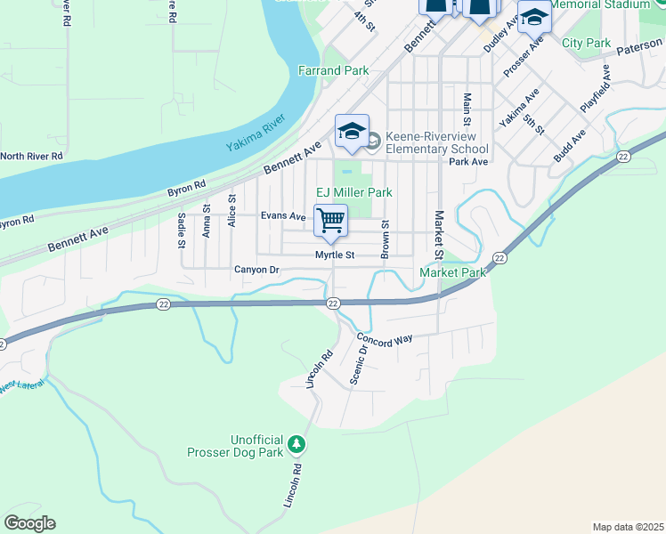 map of restaurants, bars, coffee shops, grocery stores, and more near 1199 South Kinney Way in Prosser