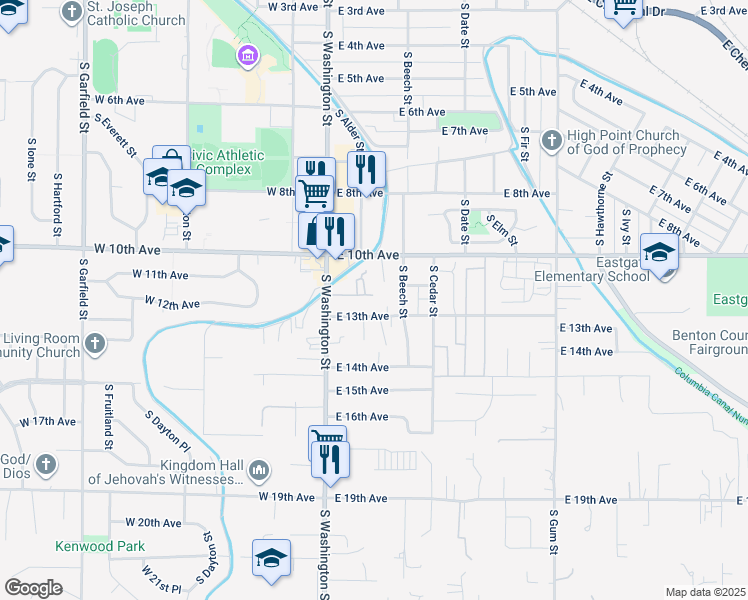map of restaurants, bars, coffee shops, grocery stores, and more near 2 East 11th Avenue in Kennewick