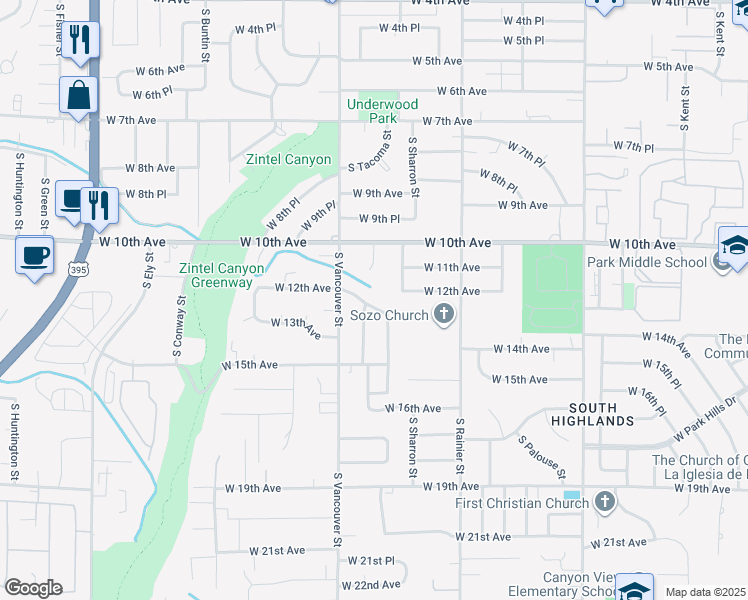 map of restaurants, bars, coffee shops, grocery stores, and more near 1958 West 12th Avenue in Kennewick