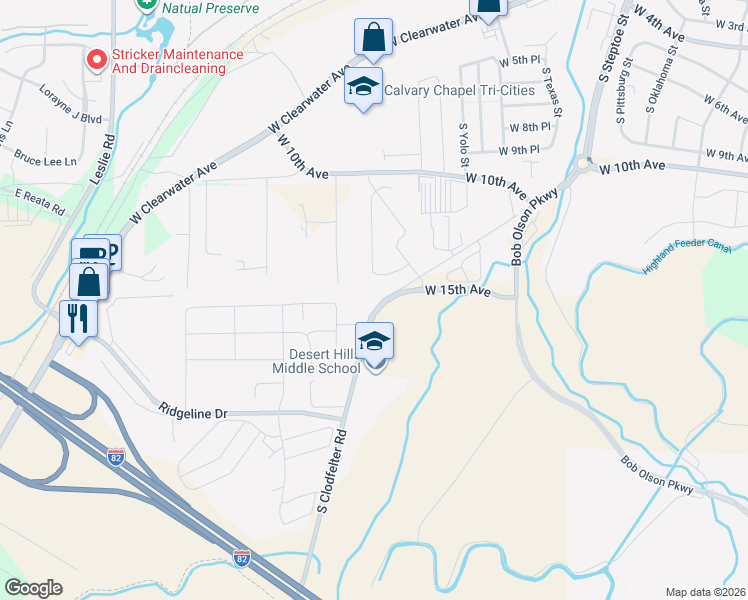 map of restaurants, bars, coffee shops, grocery stores, and more near 1494-1998 S Clodfelter Rd in Kennewick