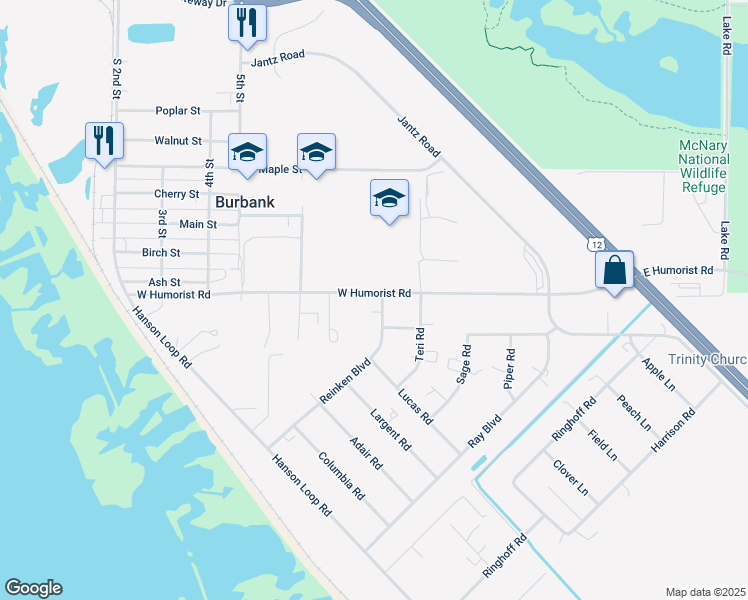 map of restaurants, bars, coffee shops, grocery stores, and more near 585 West Humorist Road in Burbank
