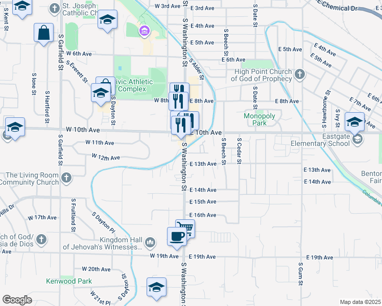 map of restaurants, bars, coffee shops, grocery stores, and more near 17-19 E 11th Ave in Kennewick