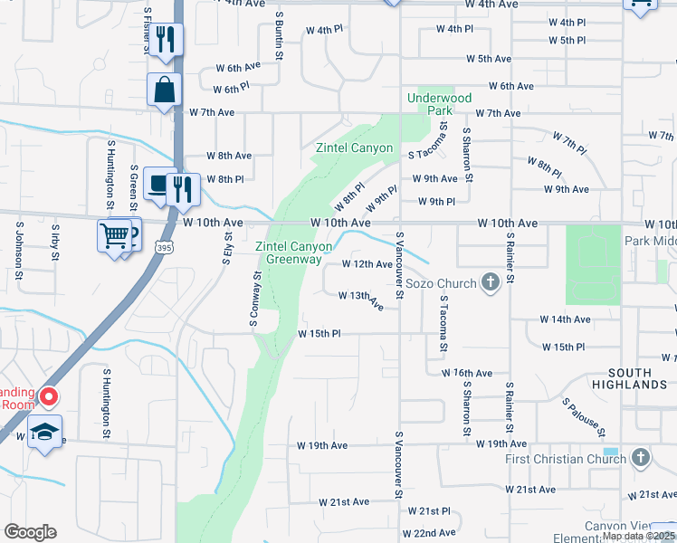 map of restaurants, bars, coffee shops, grocery stores, and more near 2215 West 12th Avenue in Kennewick