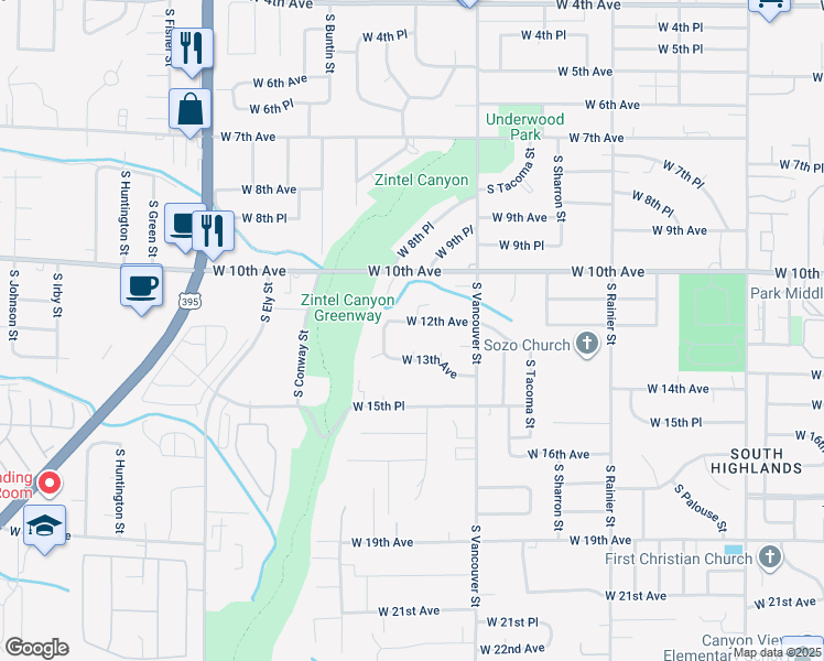 map of restaurants, bars, coffee shops, grocery stores, and more near 2215 West 12th Avenue in Kennewick