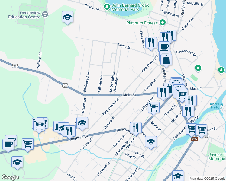 map of restaurants, bars, coffee shops, grocery stores, and more near 109 Alexander Street in Glace Bay