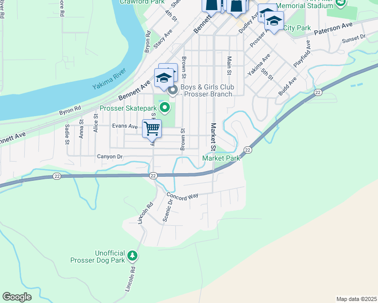 map of restaurants, bars, coffee shops, grocery stores, and more near 909 Myrtle Street in Prosser