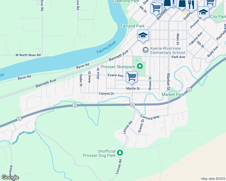 map of restaurants, bars, coffee shops, grocery stores, and more near 511 Myrtle Street in Prosser