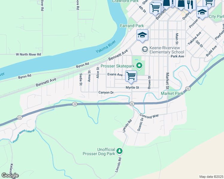map of restaurants, bars, coffee shops, grocery stores, and more near 511 Myrtle Street in Prosser