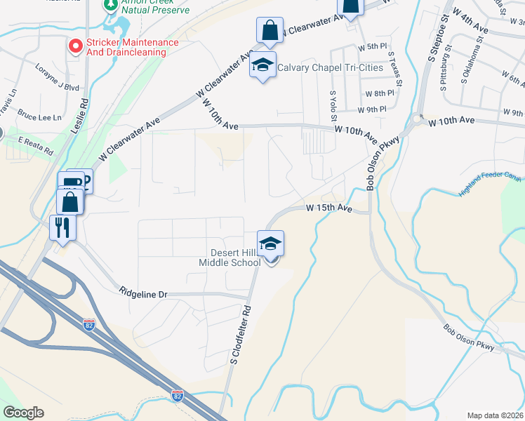 map of restaurants, bars, coffee shops, grocery stores, and more near 1494-1998 S Clodfelter Rd in Kennewick
