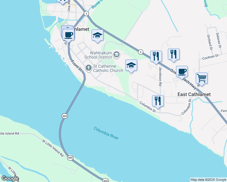 map of restaurants, bars, coffee shops, grocery stores, and more near 610 Columbia Street in Cathlamet