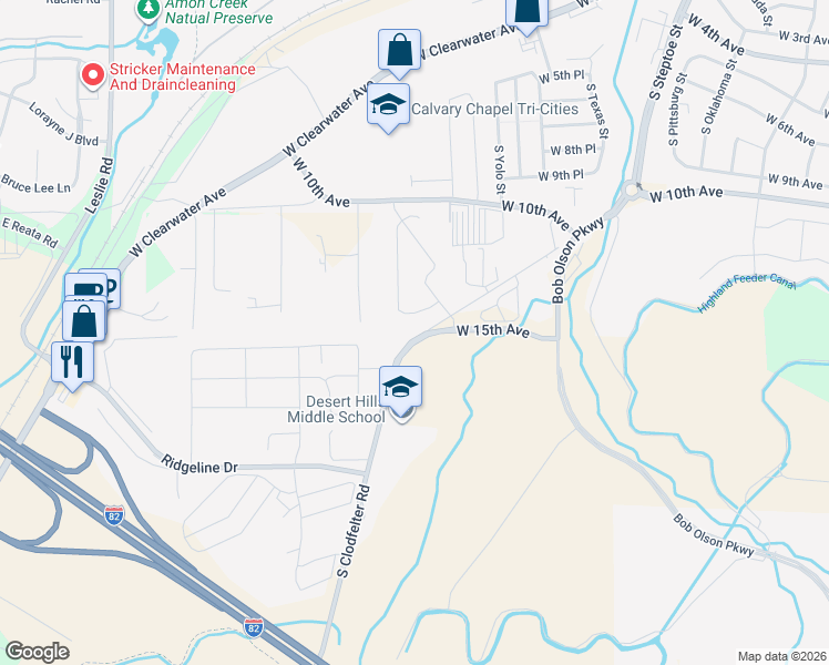 map of restaurants, bars, coffee shops, grocery stores, and more near 1494-1998 S Clodfelter Rd in Kennewick