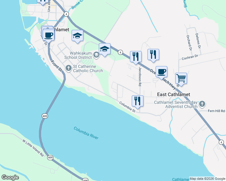 map of restaurants, bars, coffee shops, grocery stores, and more near 90 Glen Lane in Cathlamet