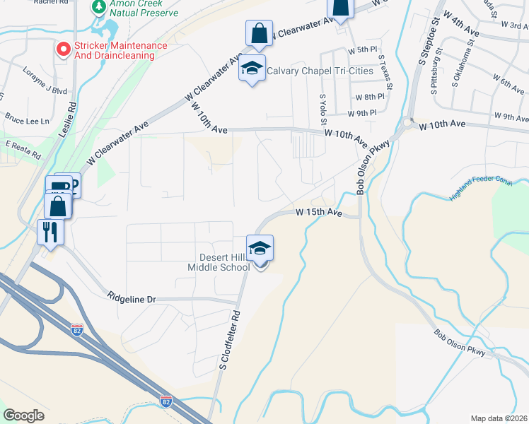 map of restaurants, bars, coffee shops, grocery stores, and more near 1494-1998 S Clodfelter Rd in Kennewick