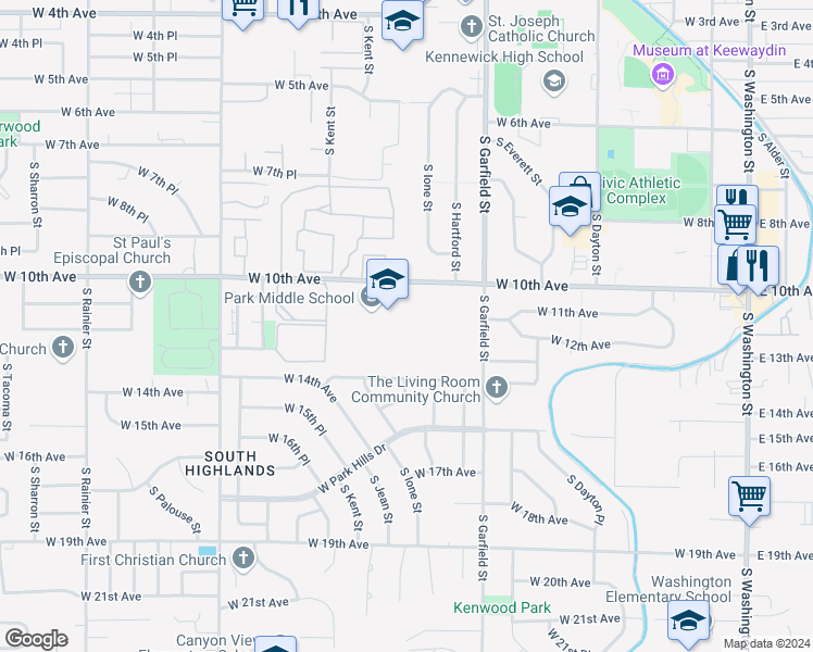 map of restaurants, bars, coffee shops, grocery stores, and more near 1011 West 10th Avenue in Kennewick