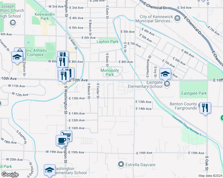 map of restaurants, bars, coffee shops, grocery stores, and more near 402 East 10th Avenue in Kennewick