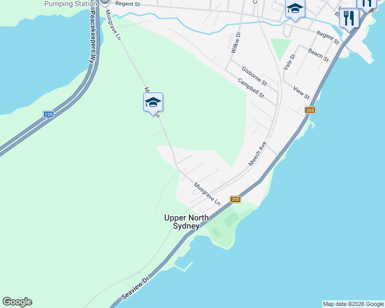 map of restaurants, bars, coffee shops, grocery stores, and more near Collins Drive in North Sydney