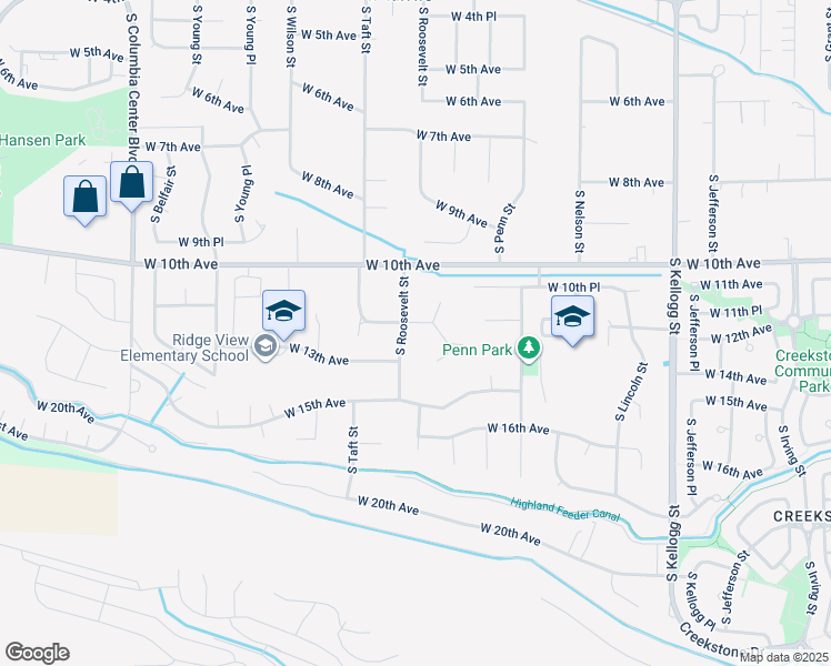 map of restaurants, bars, coffee shops, grocery stores, and more near 1201 South Roosevelt Street in Kennewick