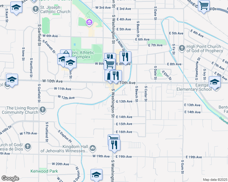 map of restaurants, bars, coffee shops, grocery stores, and more near 19 East 11th Avenue in Kennewick