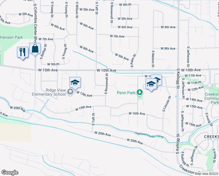map of restaurants, bars, coffee shops, grocery stores, and more near 1201 South Roosevelt Street in Kennewick