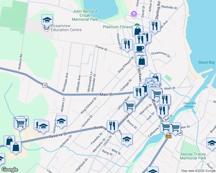 map of restaurants, bars, coffee shops, grocery stores, and more near 275 King Edward Street in Glace Bay