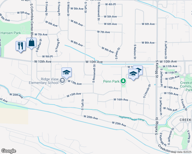 map of restaurants, bars, coffee shops, grocery stores, and more near 1201 South Roosevelt Street in Kennewick