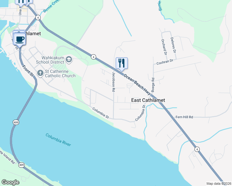 map of restaurants, bars, coffee shops, grocery stores, and more near 246 Jacobson Road in Cathlamet