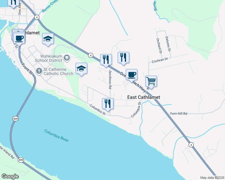 map of restaurants, bars, coffee shops, grocery stores, and more near 246 Jacobson Road in Cathlamet