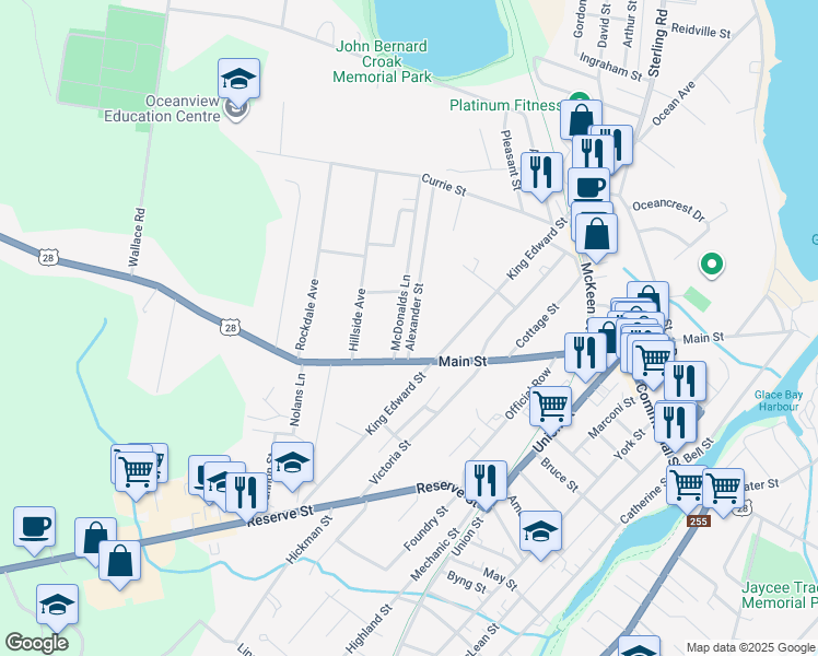 map of restaurants, bars, coffee shops, grocery stores, and more near 119 Alexander Street in Glace Bay