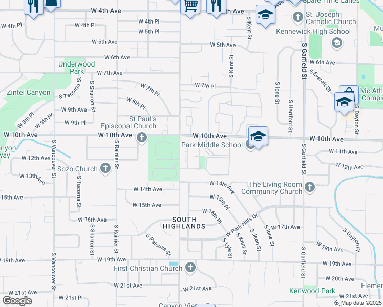 map of restaurants, bars, coffee shops, grocery stores, and more near 1208 South Olympia Place in Kennewick