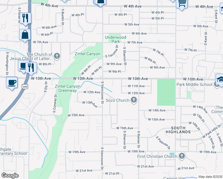 map of restaurants, bars, coffee shops, grocery stores, and more near 1958 West 12th Avenue in Kennewick