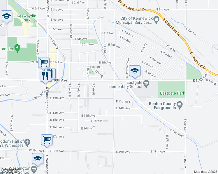 map of restaurants, bars, coffee shops, grocery stores, and more near 640 East 10th Avenue in Kennewick