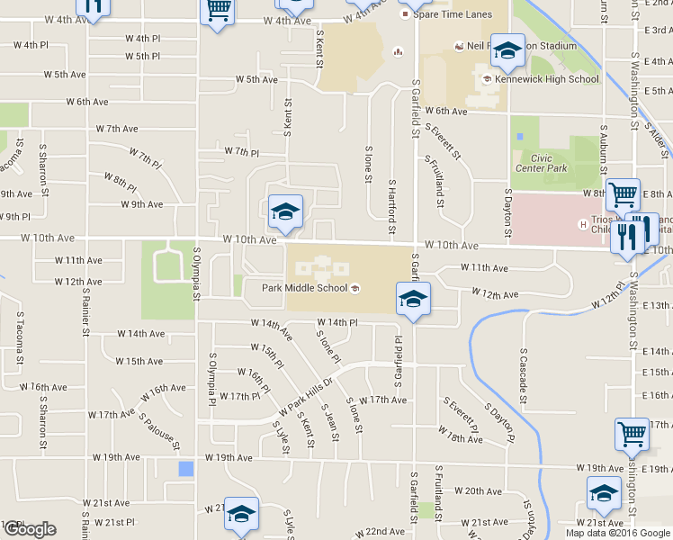 map of restaurants, bars, coffee shops, grocery stores, and more near 1011 West 10th Avenue in Kennewick
