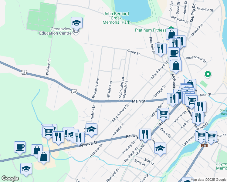 map of restaurants, bars, coffee shops, grocery stores, and more near 3 McDonalds Lane in Glace Bay