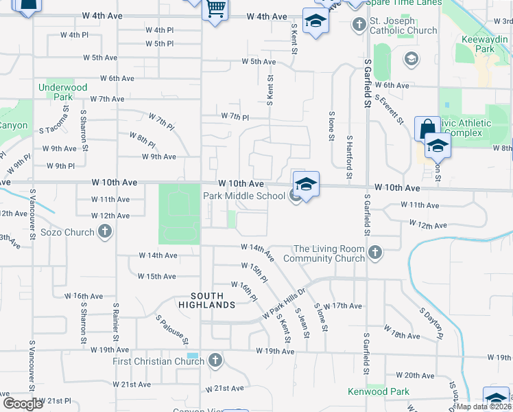 map of restaurants, bars, coffee shops, grocery stores, and more near 1105 West 10th Avenue in Kennewick