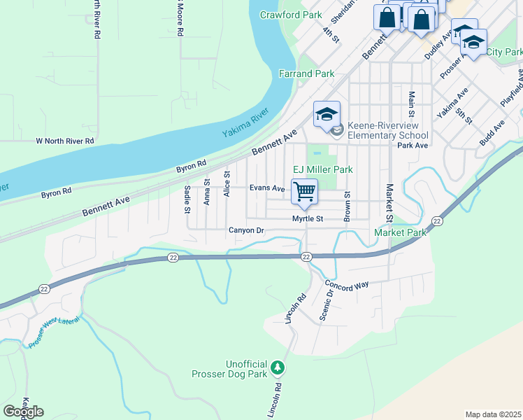 map of restaurants, bars, coffee shops, grocery stores, and more near 511 Myrtle Avenue in Prosser