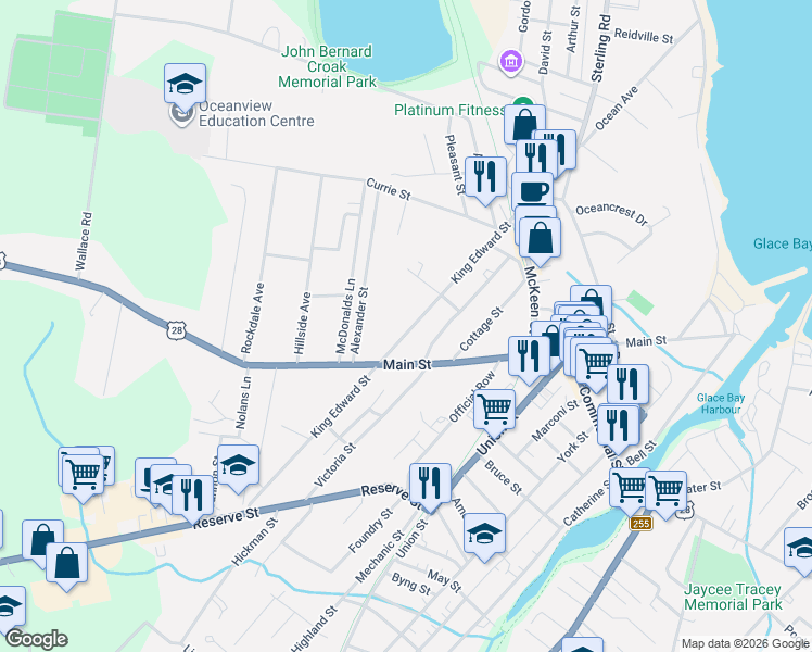 map of restaurants, bars, coffee shops, grocery stores, and more near 272 King Edward Street in Glace Bay