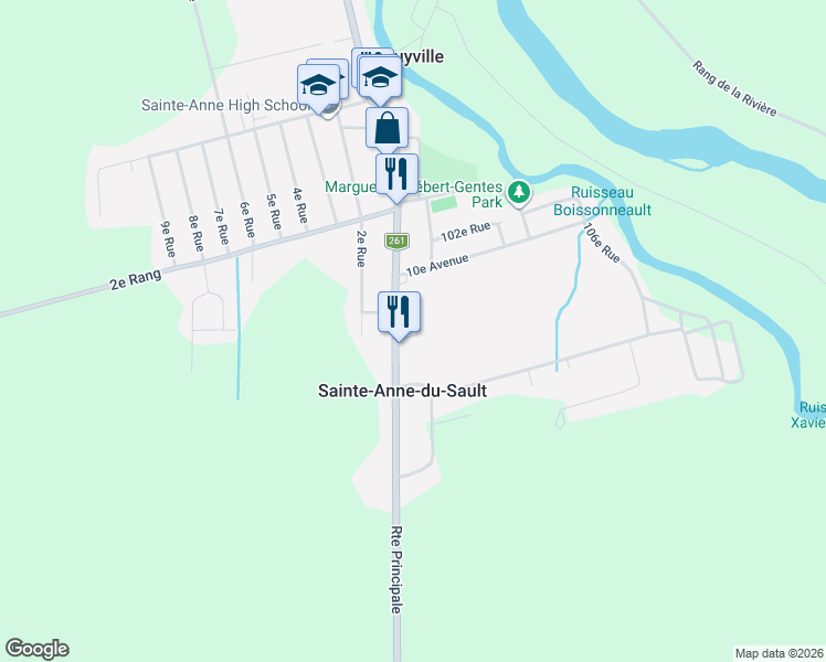 map of restaurants, bars, coffee shops, grocery stores, and more near 196 12e Avenue in Sainte-Anne-du-Sault