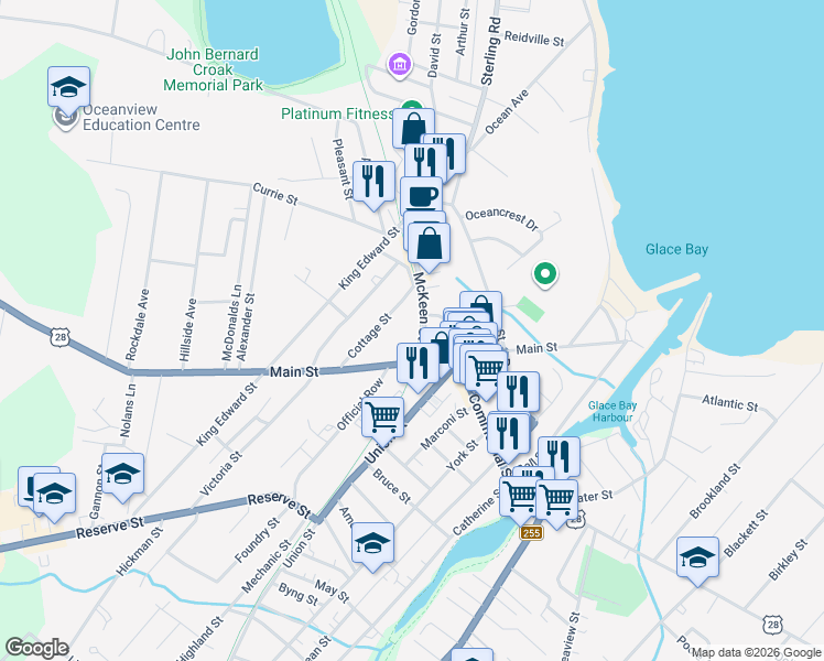 map of restaurants, bars, coffee shops, grocery stores, and more near 15 McKeen Street in Glace Bay